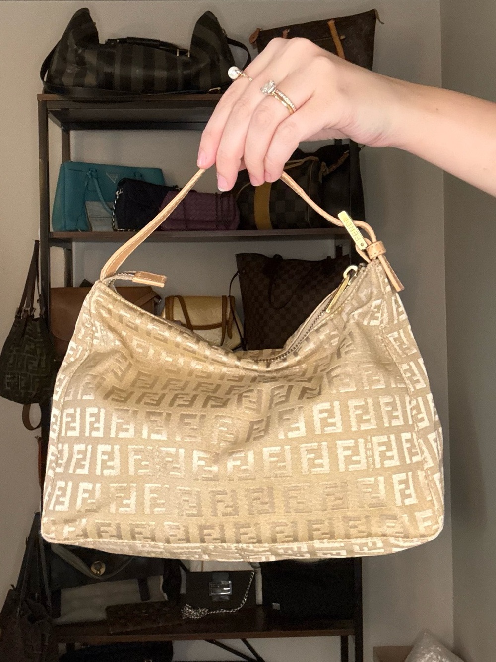 Fendi Champagne Metallic FF Zucchino Canvas Top Handle Bag | QUICK LIST